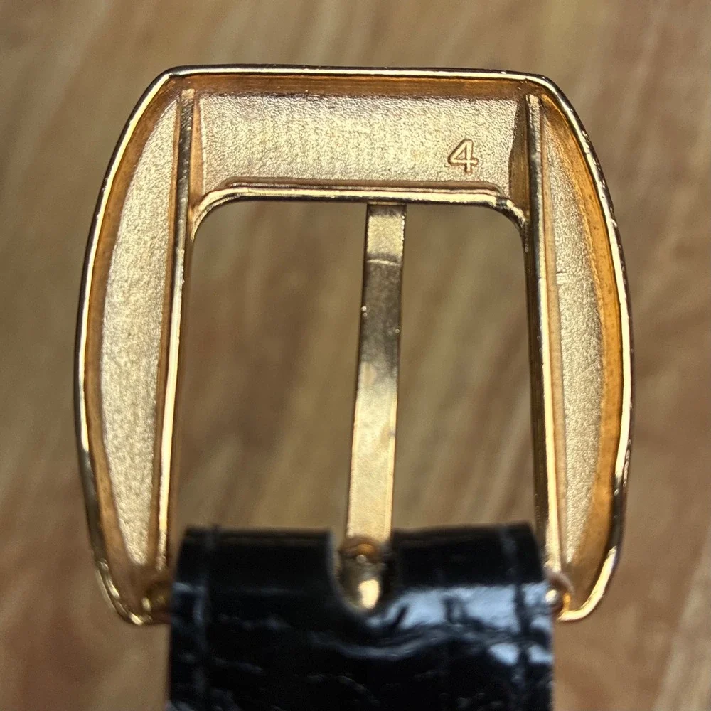 Vintage 90s Black Moc Croc Leather Belt Size 12 Skinny Tapered Gold Buckle Y2K